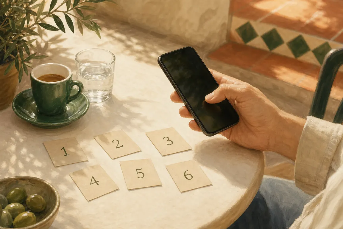 Telefono e tessere numerate su un tavolo luminoso