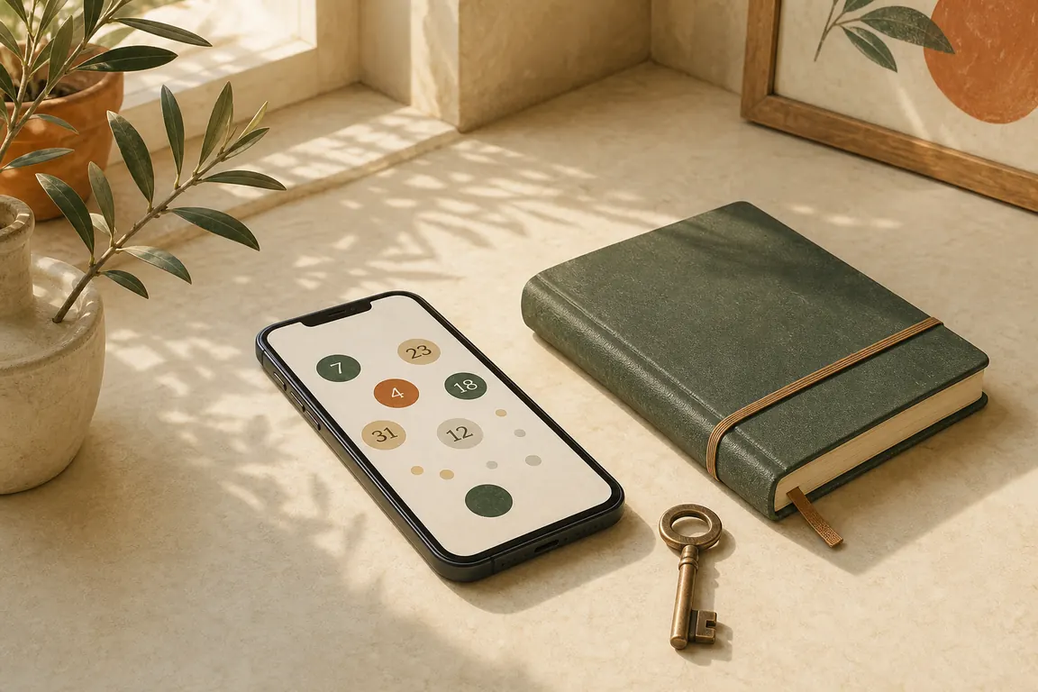 Telefono con numeri accanto a un taccuino e una chiave